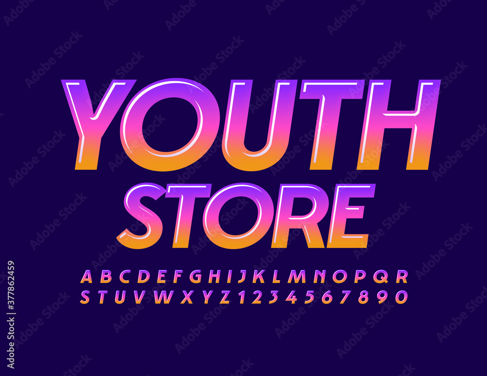Vector bright logo Youth Store. Gradient color Font. Glossy trendy Alphabet Letters and Numbers set
