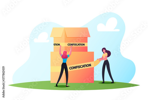 Property Confiscation. Tiny Bailiff Female Character Wrapping with Yellow Tape Carton Boxes with Confiscated Possessions