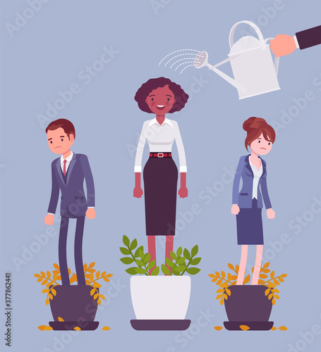 Growing female talent from favorite employee. Helping one person grow in plant pot watering to support, make strong, healthy, give professional growth, training. Vector flat style cartoon illustration