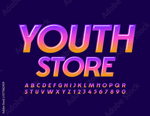 Vector bright logo Youth Store. Gradient color Font. Glossy trendy Alphabet Letters and Numbers set