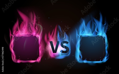 Glowing Versus screen. Pink vs blue, confrontation of male and female metaphor. Burn colorful frames vector illustration. Fight confrontation game vs glow