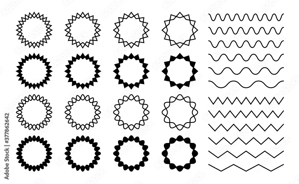 Wave zigzag dividers. Undulating zig zag round frames. Isolated horizontal squiggle wavy lines, black curved serrated borders vector set. Zigzag divider border, pattern parallel curvy illustration Wave zigzag dividers. Undulating zig zag round frames. Isolated horizontal squiggle wavy lines, black curved serrated borders vector set. Zigzag divider border, pattern parallel curvy illustration