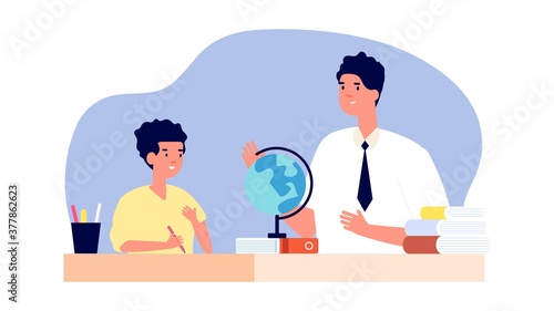Private teacher. One to one training, boy on geography lesson. Student practice or part-time tutor for school children. Personal studying vector illustration. Education lesson, study boy child