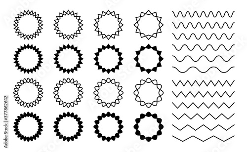 Wave zigzag dividers. Undulating zig zag round frames. Isolated horizontal squiggle wavy lines, black curved serrated borders vector set. Zigzag divider border, pattern parallel curvy illustration