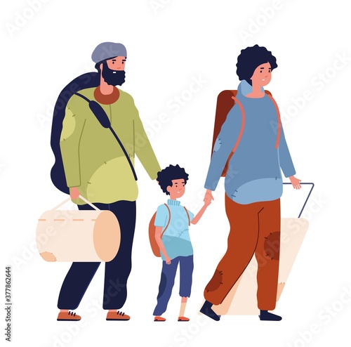 Poor family. Vagabonds, homeless refugee woman kid man. Desperate depressed people need help, isolated jobless adults vector characters. Illustration family poor homeless, woman and man refugee