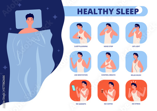 Healthy sleep. Tips for well sleeping, infographic of good night relaxation. Bedtime rules or tips, man in bed insomnia vector illustration. Tips recommendation better sleep and dream, no stress