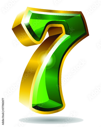 Golden and green number character 7 isolated on white background. Vector seven illustration.