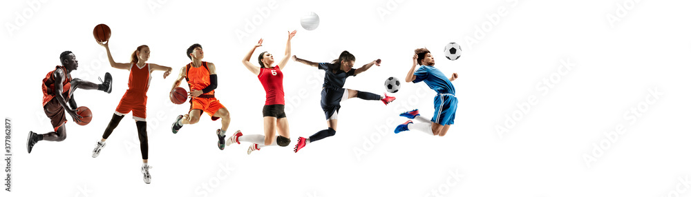 Sport collage of professional athletes or players isolated on white background, flyer. Made of different photos of 6 models. Concept of motion, action, power, target and achievements, healthy, active Sport collage of professional athletes or players isolated on white background, flyer. Made of different photos of 6 models. Concept of motion, action, power, target and achievements, healthy, active