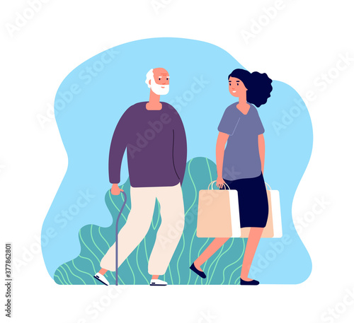 Volunteering. Social worker, elderly man character. Young woman and old man, female helping senior male with purchases vector illustration. Senior character and woman volunteering elderly assistance