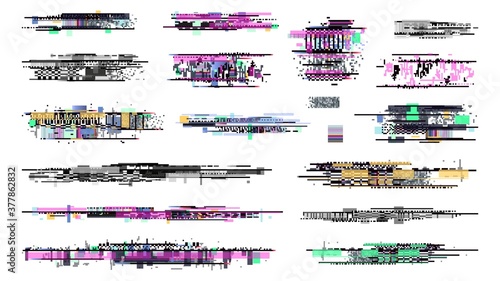 Decay signal. Glitch graphics, tv noise signal collection. Retro pixel television error, screen video damage. Techno bug background, grunge disintegration on display vector illustration