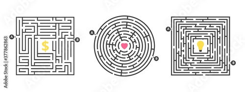 Labyrinth game. Fun maze, puzzle for leisure time. Find money love or idea. Life competition or search goal solution metaphor. Round square labyrinths vector illustration. Maze and puzzle labyrinth