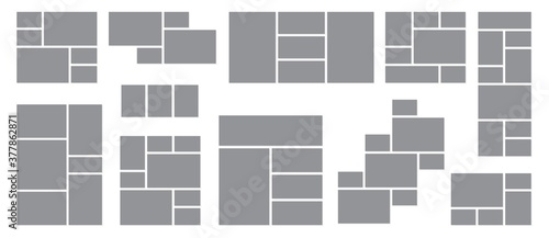 Photo collage set. Tile montages template, creative wall mosaic decoration mockup. Grid display for picture frames or mood board pattern. Web pages for business travel design vector illustration