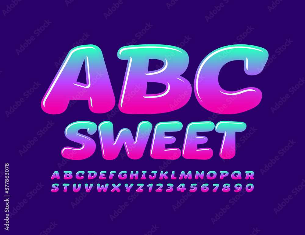 Vector Sweet Alphabet. Colorful gradient Font. Glossy comic style Letters and Numbers set for Kids