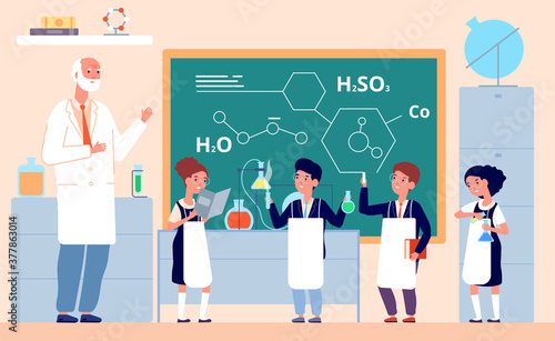 Kids chemistry lab. School science laboratory, children in class chalkboard. Scientific experiment, cartoon smart girl vector illustration. Lab chemistry and laboratory to education and experiment