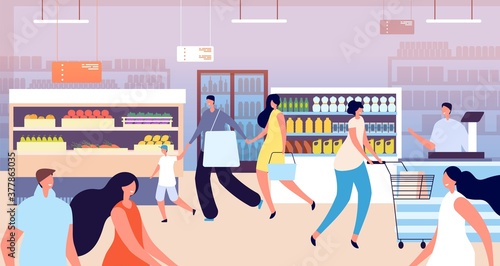 Grocery store shopping. Customer in supermarket, kid mother buy healthy food. Family people with basket, vegetable shop vector illustration. Supermarket with customer walking with cart
