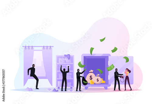 Masked Robbers Characters Holding Gun and Glowing Flashlight Sneaking for Steal Money, Robbery or Theft. Gangsters Band