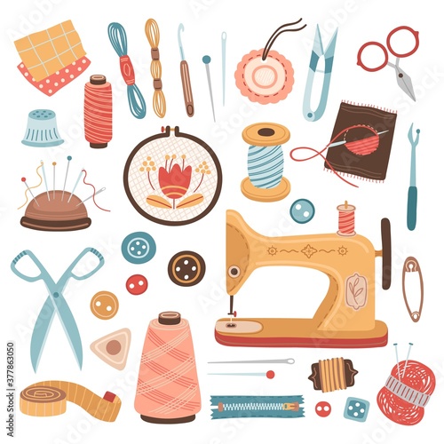 Needlework tools. Craft hobby, sew knitting embroidery supplies. Thread, yarn wool ball and scissors, sewing machine vector illustration. Needlework and sewing, craft hobby equipment