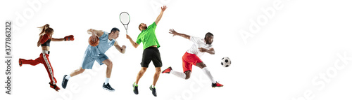 Sport collage of professional athletes or players isolated on white background, flyer. Made of different photos of 4 models. Concept of motion, action, power, target and achievements, healthy, active © master1305