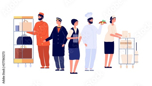 Hospitality workers. Hotel staff characters, receptionist porter maid doorman chef. Hostel team, travel and tourism vector illustration. Professional service hotel, employee and manager receptionist