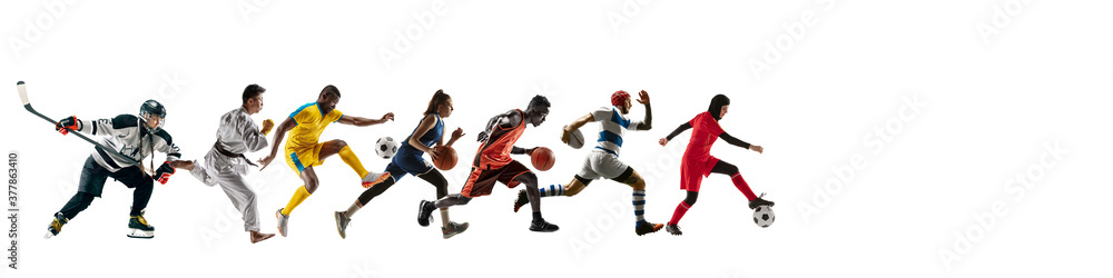 Sport collage of professional athletes or players isolated on white background, flyer. Made of different photos of 7 models. Concept of motion, action, power, target and achievements, healthy, active