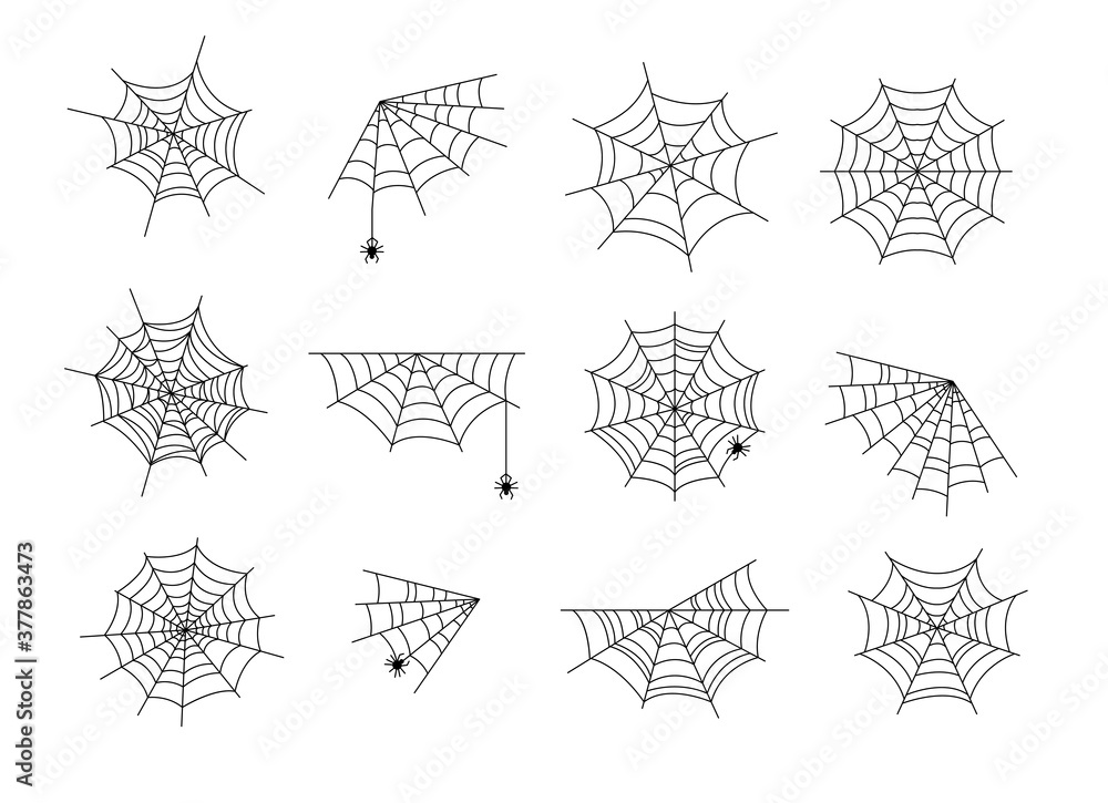 Spider webs. Black halloween cobweb, horror web with spiders. Abstract spooky tattoo, isolated corner nature gossamer vector illustration. Halloween silhouette horror spider web
