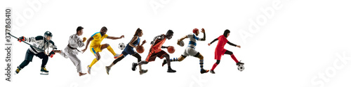 Sport collage of professional athletes or players isolated on white background, flyer. Made of different photos of 7 models. Concept of motion, action, power, target and achievements, healthy, active