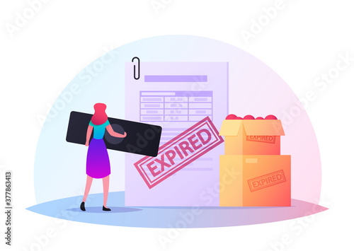 Tiny Female Character Put Huge Seal Stamp on Document for Expired Spoiled Food Lying in Carton Box. Products Expiration