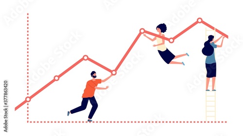 Pushing upward graph. Work results, increase profit and business growth metaphor. Flat people progress, teamwork and development vector concept. Illustration teamwork progress and achievement