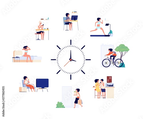 Woman daily schedule. Female activities every day, different life situations and clock. Girl wake up working drinking coffee and meeting friend vector illustration. Woman daily schedule, office home