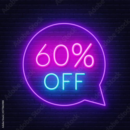 60 percent discount neon sign on brick wall background. Vector illustration