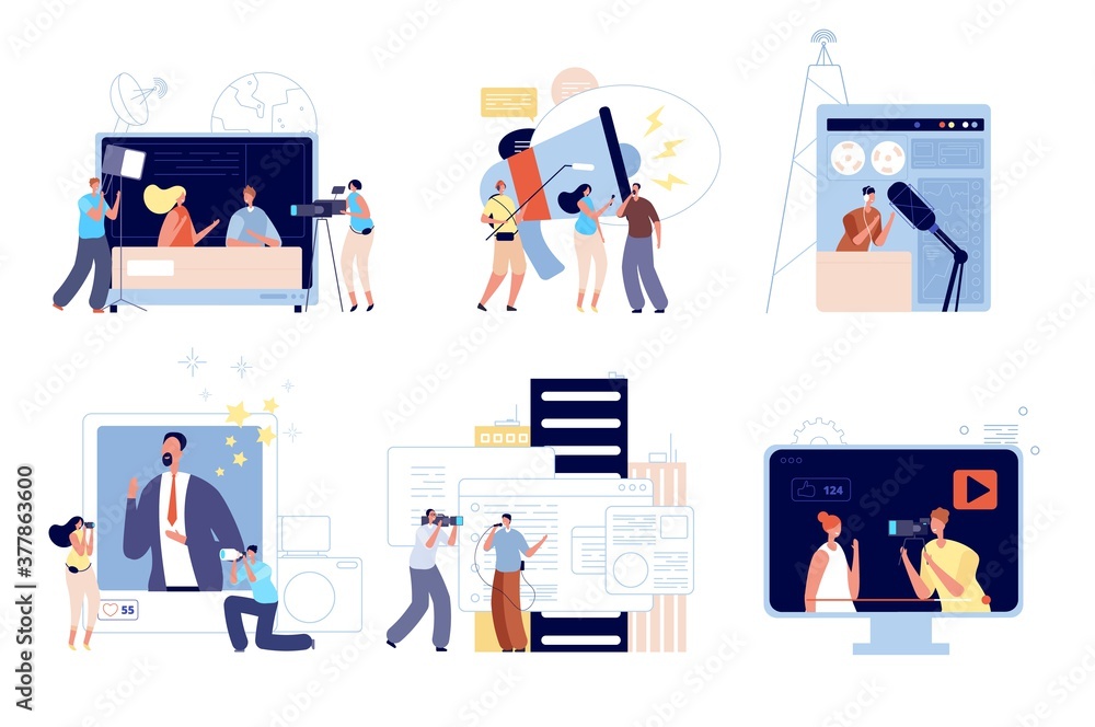 News media reporters. People communications, web blog update or creative mobile interview. Digital radio, tv journalist vector illustration. Broadcasting press, reporter and journalism