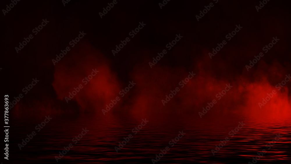 Mystic red fire smoke on abstract background. Paranormal chemistry fog with reflection on the shore.