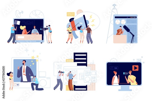 News media reporters. People communications, web blog update or creative mobile interview. Digital radio, tv journalist vector illustration. Broadcasting press, reporter and journalism
