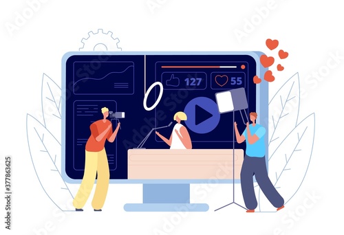 Video blogger. Podcast channel, live streaming or people shoot vlog. Online interview, internet social media broadcast vector illustration. Video blogger live, podcast content channel