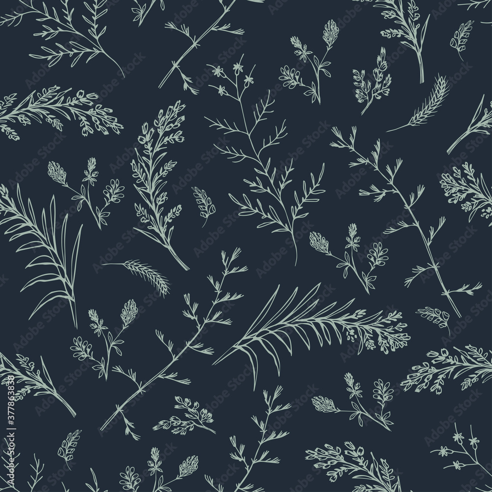 Abstract floral seamless pattern on dark background. Small clover wildflowers and spikelets. For fabric, background or wrapping paper. Vector illustration Abstract floral seamless pattern on dark background. Small clover wildflowers and spikelets. For fabric, background or wrapping paper. Vector illustration
