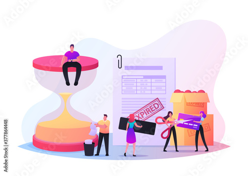 Expiration Concept with Tiny Characters at Huge Hourglass, Boxes with Spoiled Food. Woman Cutting Expired Credit Card