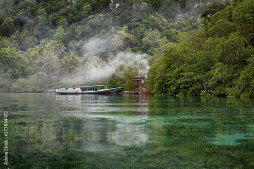 Wooden boat in wild rainforest lagoon. Transparent clear water. Southeastern Asia 