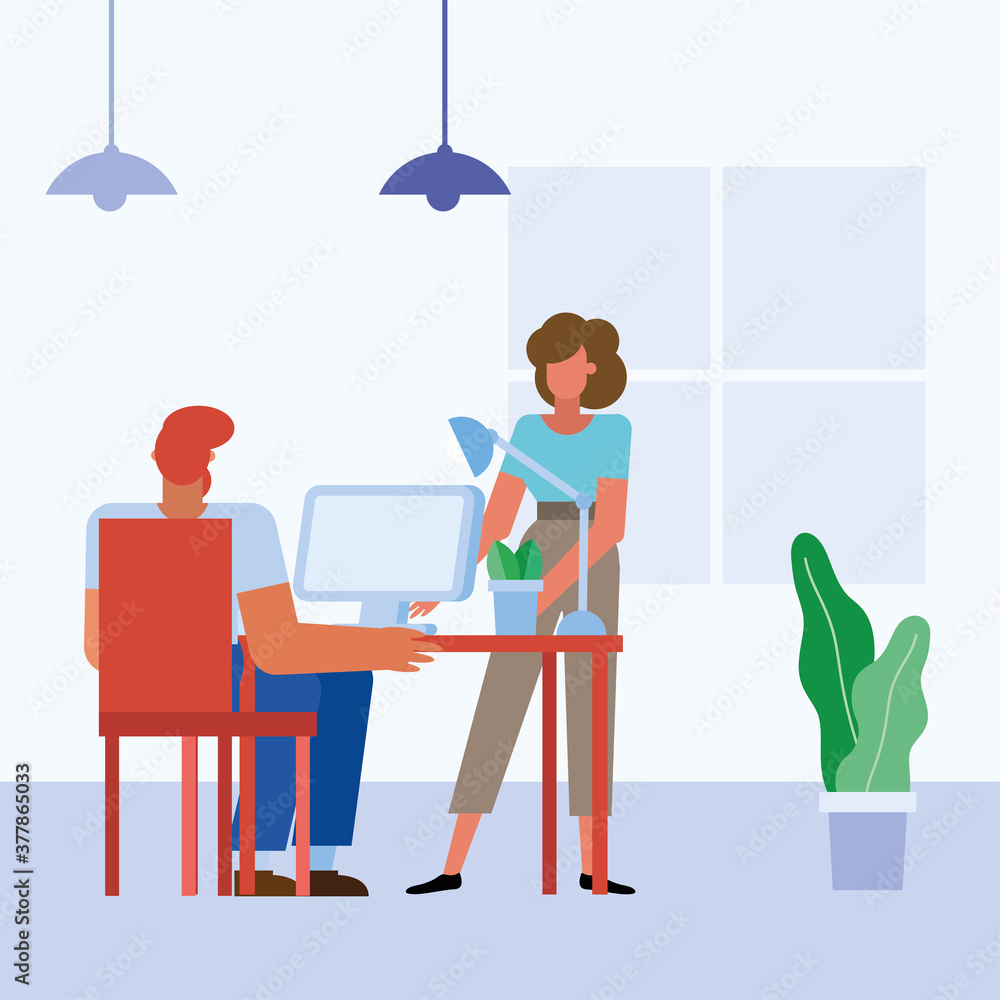 Obraz premium woman and man with computer at desk in the office vector design