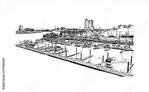 Building view with landmark of Baltimore is a major city in Maryland with a long history as an important seaport. Hand drawn sketch illustration in vector.