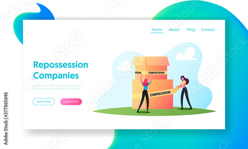 Property Confiscation Landing Page Template. Tiny Bailiff Wrapping with Tape Carton Box with Confiscated Possessions