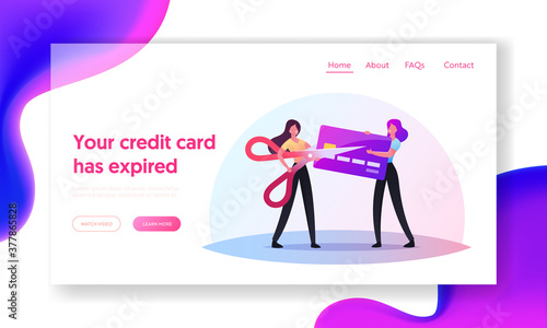 Expiration Landing Page Template. Tiny Women Cutting Expired Card with Huge Scissors. Irrelevant Banking Data Deletion