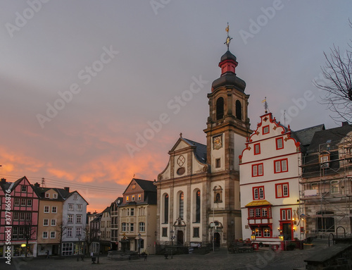 Old Market square of Hachenburg, Rheinland-Pfalz, Germany at sunset