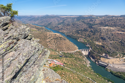 Panoramic aerial view on Penedo Durão viewpoint, typical landscape of the International Douro Park, dam on Douro river and highlands in the north of Portugal photo