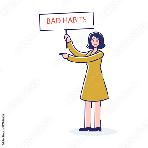 Cartoon woman struggling with bad habits. Female stop bad habits and unhealthy way of life