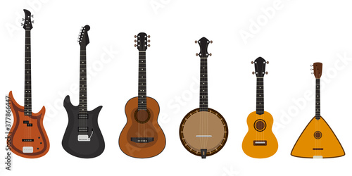 Set of different stringed instruments. Musical instruments in cartoon style.