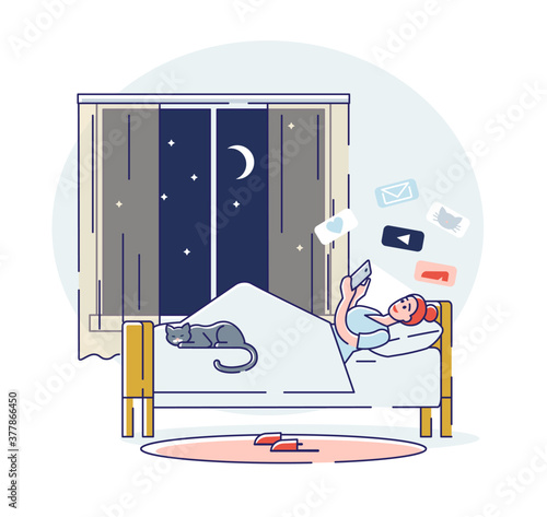 Woman chat in social media using smart phone lying in bed at night before sleeping