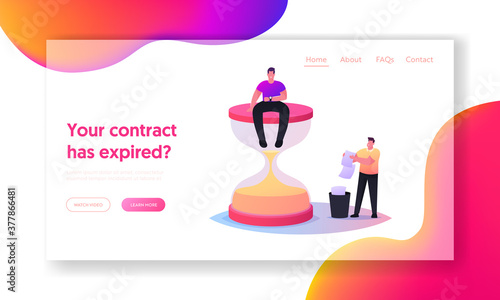 Expired Document Landing Page Template. Tiny Man Sitting on Huge Hourglass Looking on Wrist Watch, Man Throw Out Paper