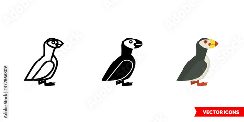 Puffin icon of 3 types color, black and white, outline. Isolated vector sign symbol.
