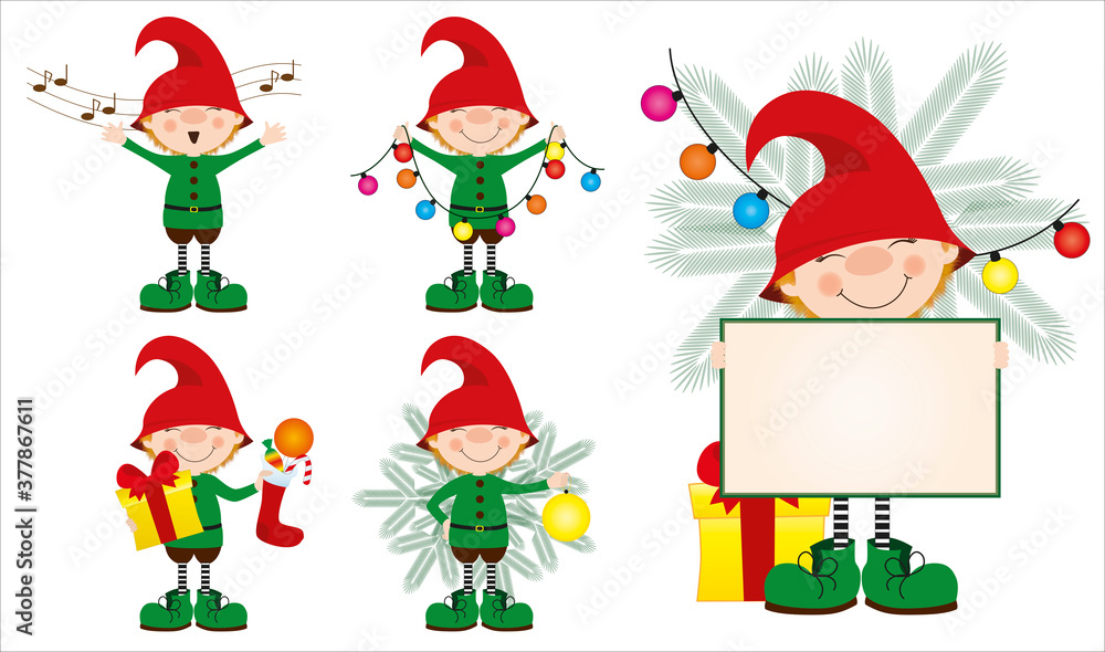 set of new year characters, cute elves in green costumes are preparing for the holiday, postcard, illustration