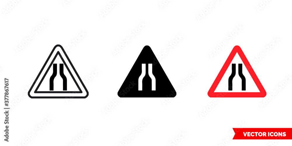 Road narrows on both sides icon of 3 types color, black and white, outline. Isolated vector sign symbol. Road narrows on both sides icon of 3 types color, black and white, outline. Isolated vector sign symbol.